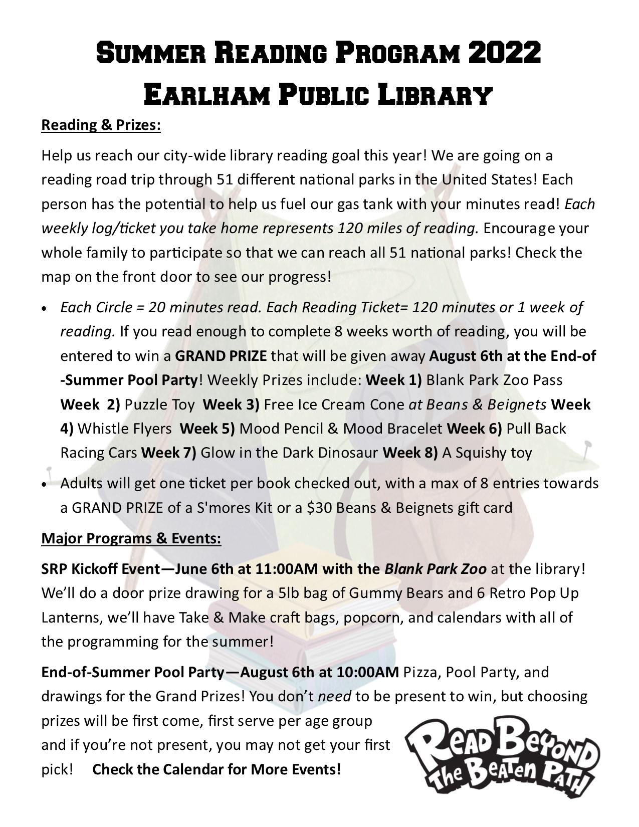 flyer with all Summer Reading Program information